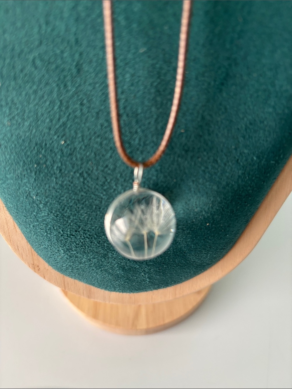 Dandelion Resin Pendant Necklace in Clear on Brown Cord
